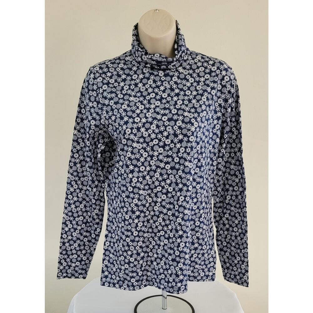 LANDS END Women's Blue/White Floral print Long-sleeve Turtleneck Top -- Med